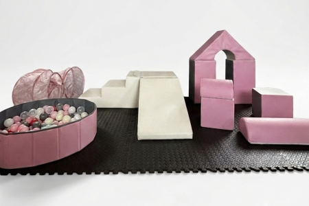 Tiddle Tots Soft Play Mini Pink Grey and White Package with Play Tunnel, Step and Slide, Castle Blocks and Ball Pit Pool